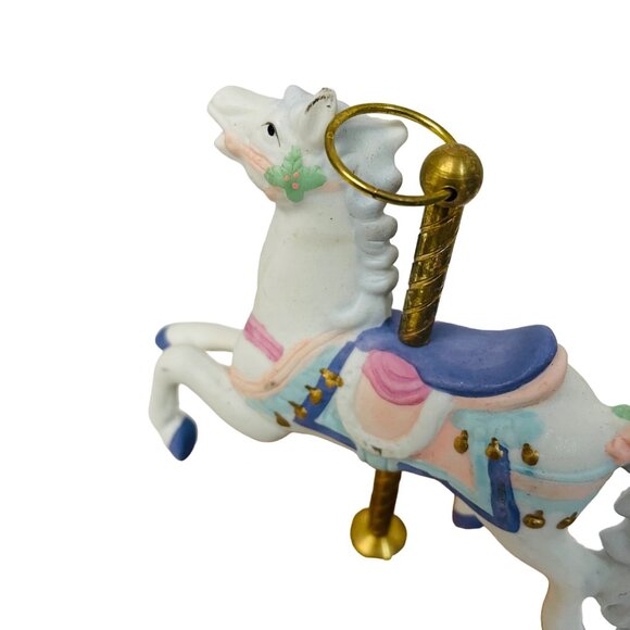 Vintage Ceramic Carousel Horse Figurine On Wooden Base 5 1/2" Music Box  Up e Po - Picture 6 of 10